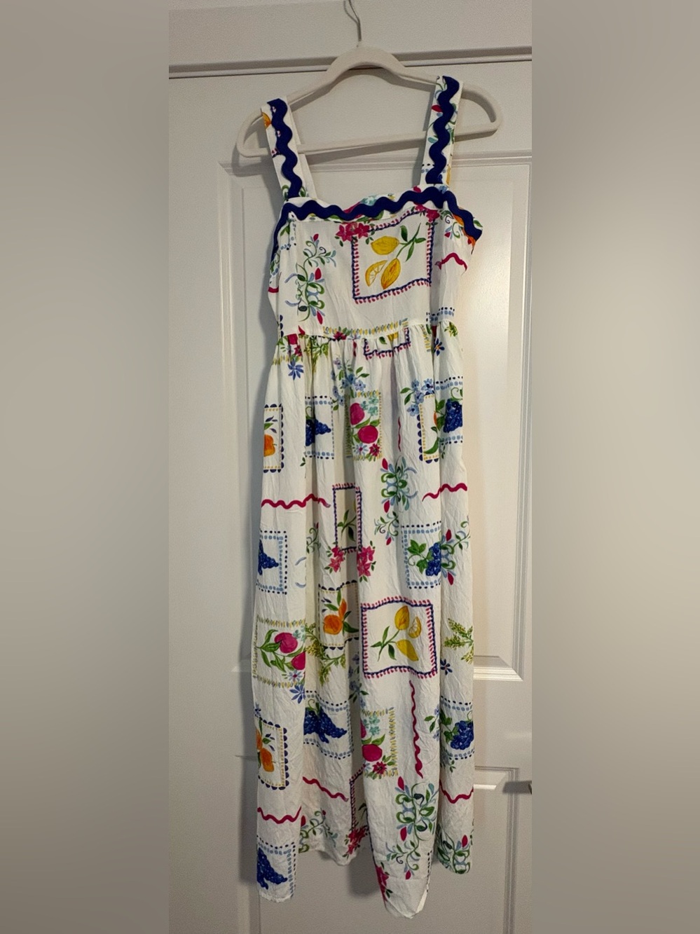 NWOT Oddi White Floral Patchwork Sundress with Blue ric rac Trim